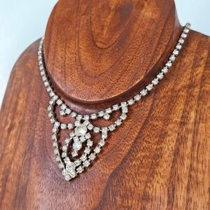 Vintage Silver Rhinestone Choker Bib Necklace Clear Crystal Statement Clasp